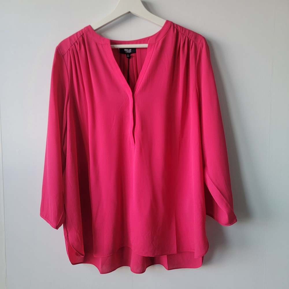 nydj curves 360 women's perfect blouse size L 3/4 sleeve Work Career pink